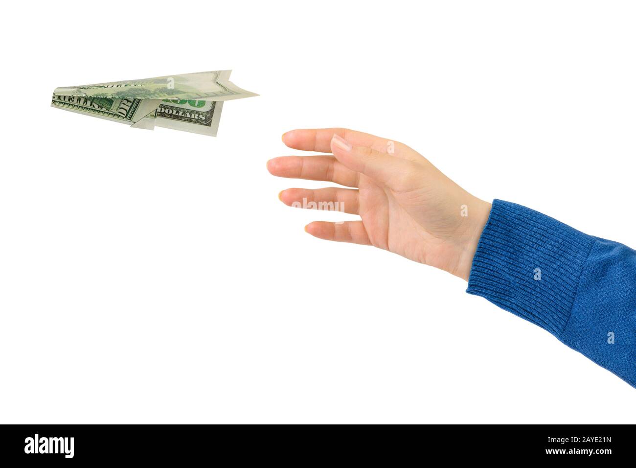 Hand and flying money plane Stock Photo Alamy