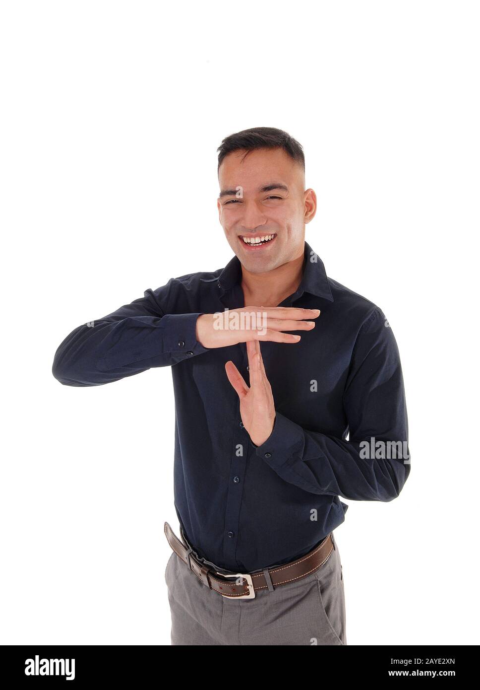Smiling man signs like to talk Stock Photo