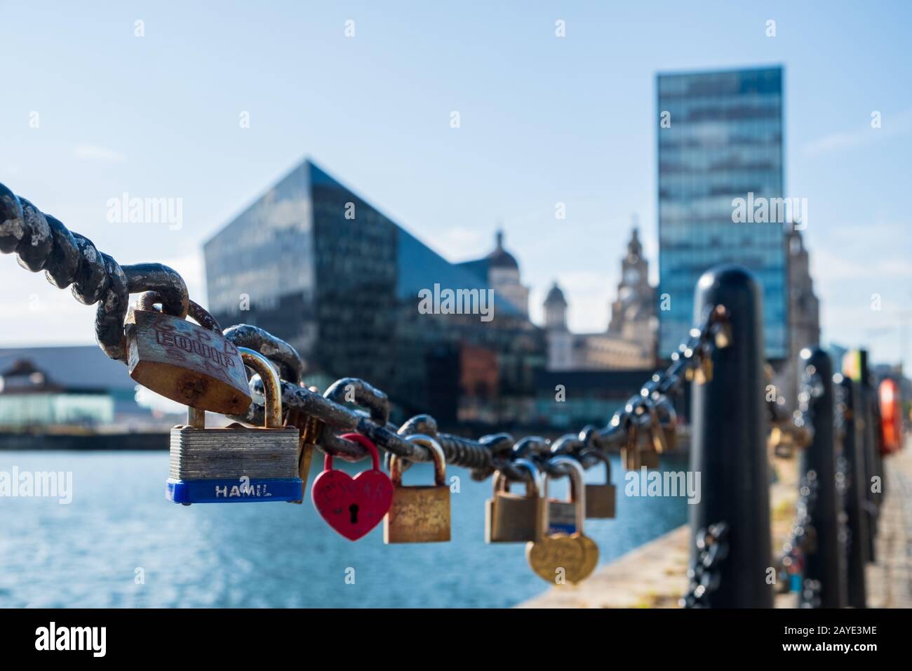 Love padlocks at the Liverpool Docks, Port of Liverpool, late on a