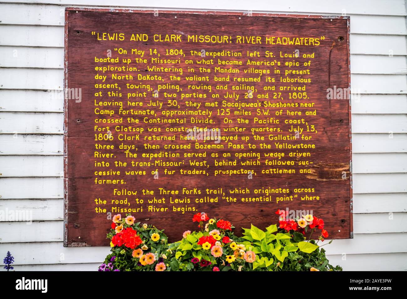 A description board of a historic event took place in Three Forks, Montana Stock Photo