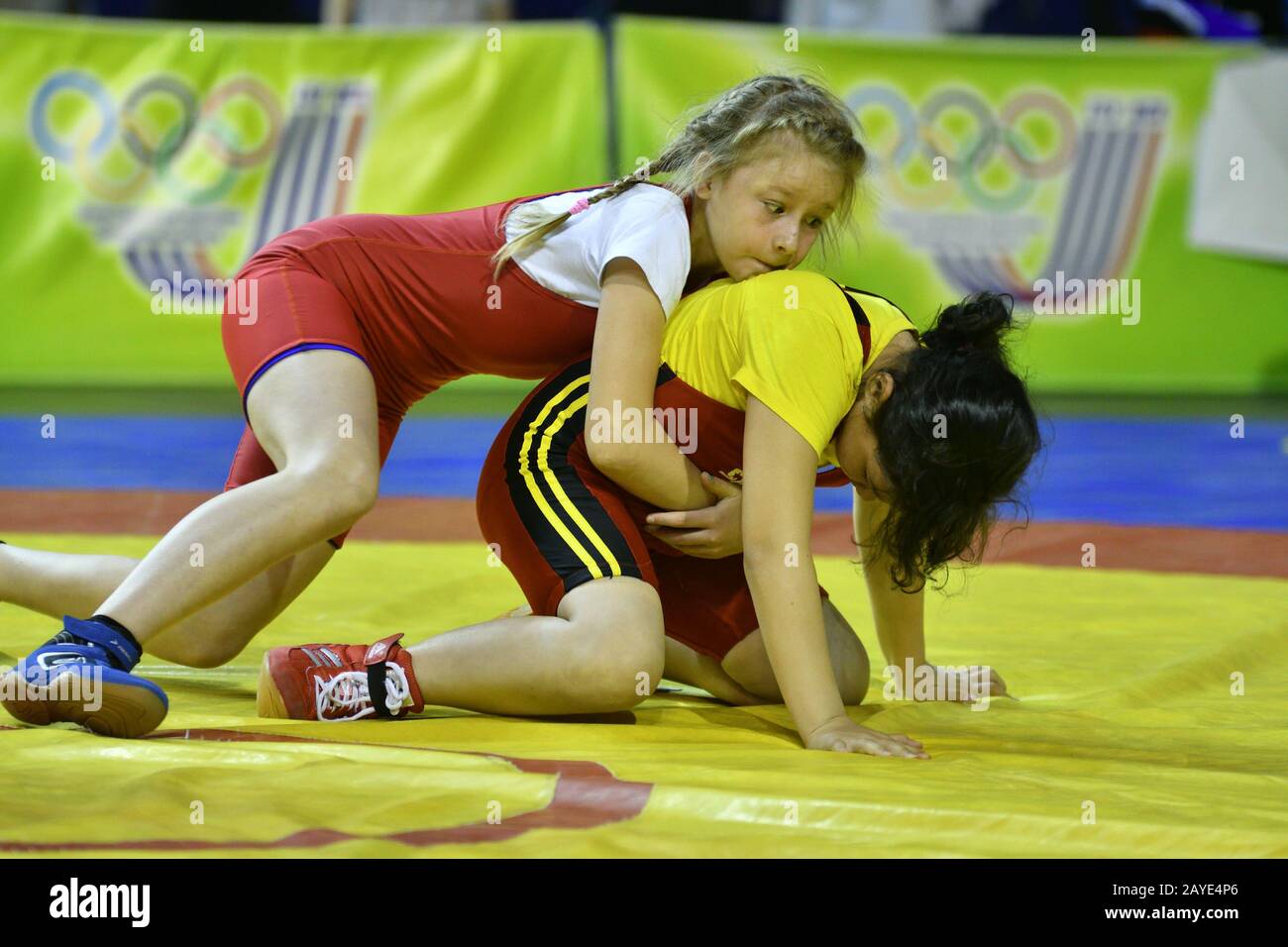 Orenburg, Russia-May 5, 2017 year: Girls compete in freestyle wrestling at the all-Russian tournamen Stock Photo