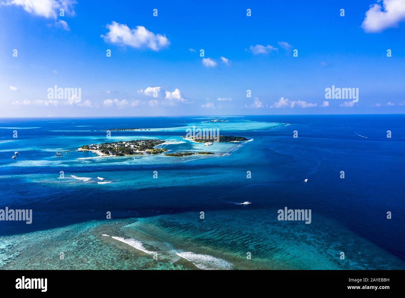 Aerial view, Maldives island Kandooma and Guraidhoo lagoon, South Male Atoll, Maldives Stock Photo