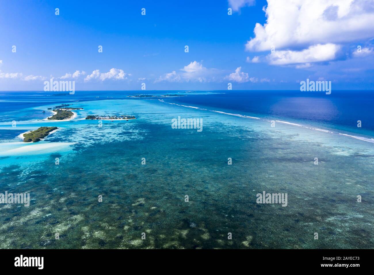 Aerial view, lagoon of a Maldives island with corals from above, South Male Atoll, Maldives Stock Photo