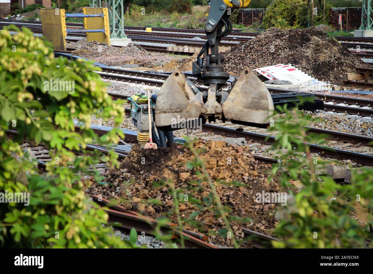 Railway construction site in Köthen, railway tracks are renewed and masts swapped Stock Photo