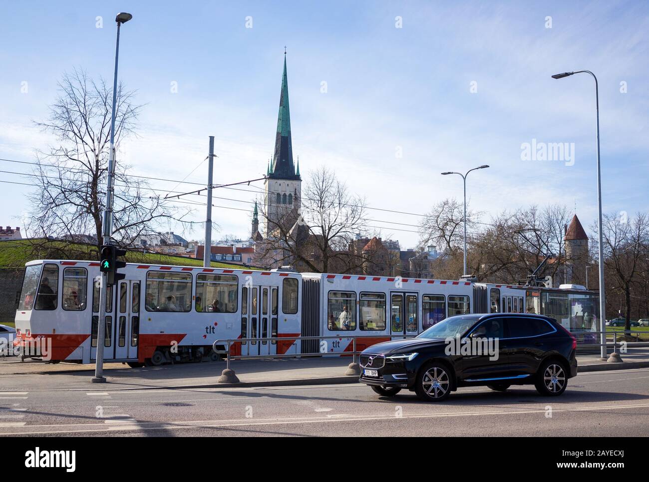 19 April 2019 Tallinn, Estonia. Low-floor tram on one of the streets of the city. Stock Photo
