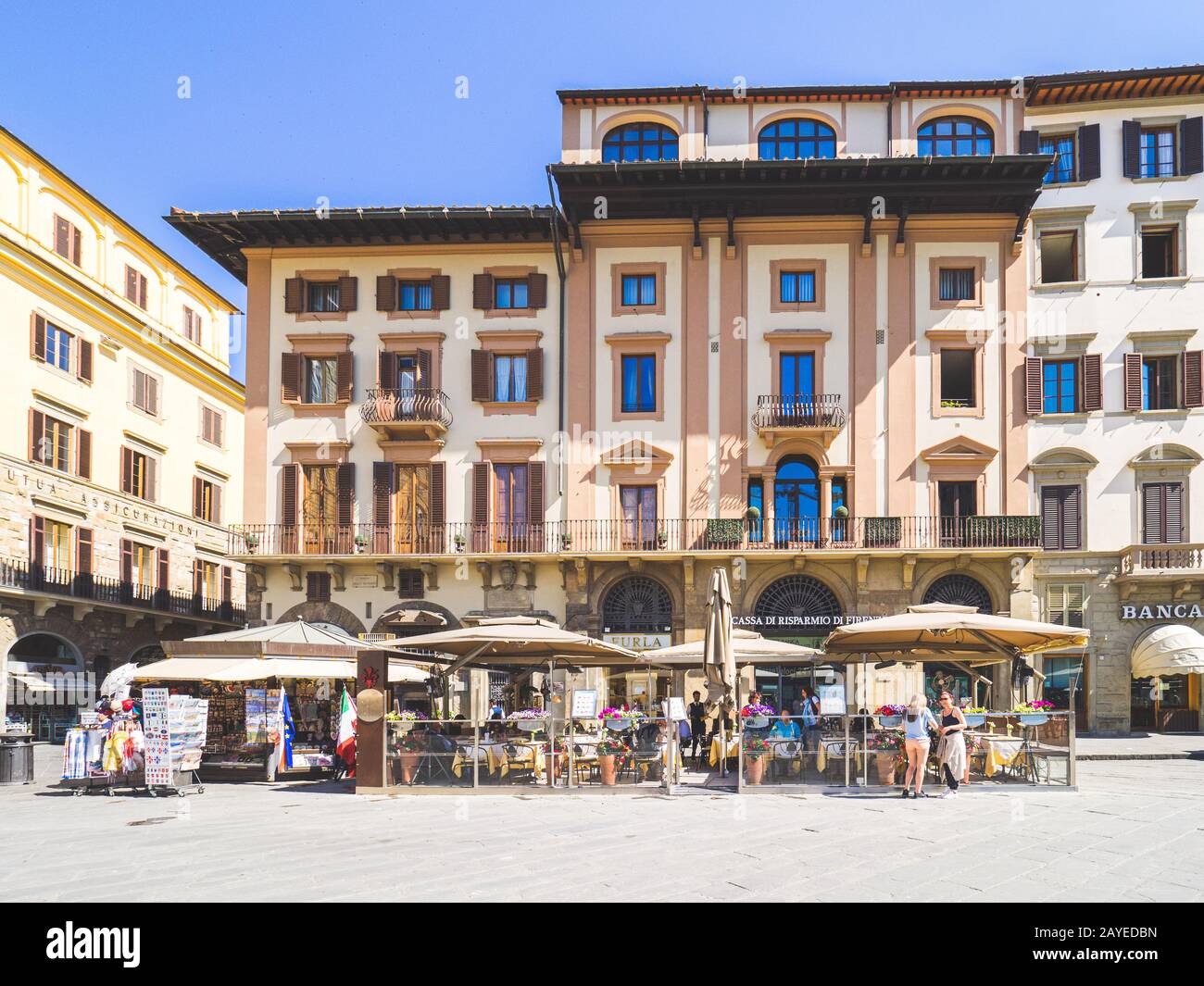 Firenze, Italy - May 27, 2017 - Views of the Tourists enjoying in the Perseo bar in the Piazza della Signoria Stock Photo