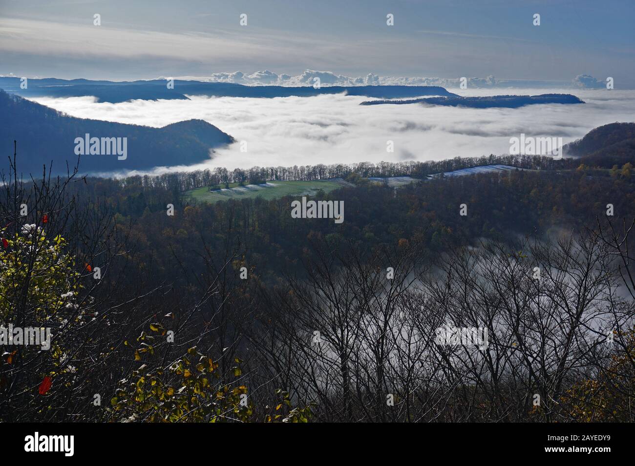 View from the Bolberg swabian albover the foggy Alb foreland, Stock Photo