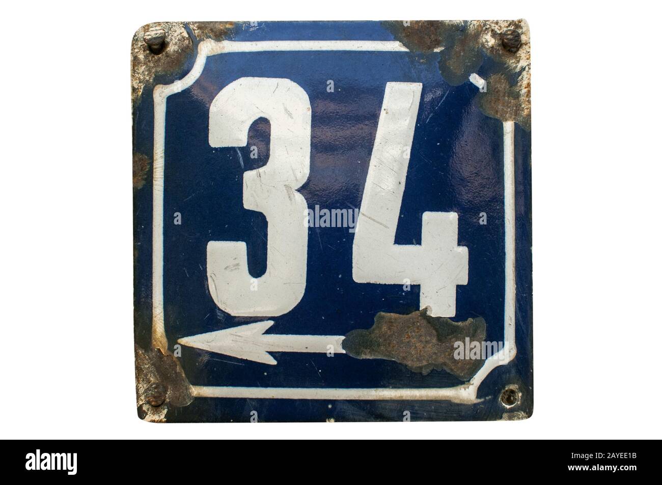 Weathered grunge square metal enameled plate of number of street address with number 34 closeup Stock Photo
