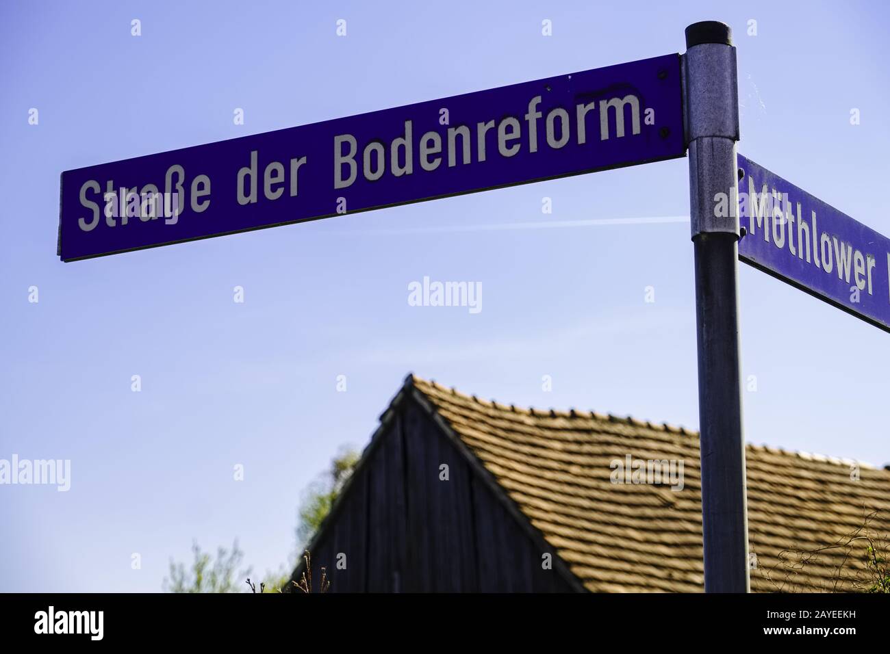 Road sign in Moethlow, Maerkisch Luch, Brandenburg, Germany Stock Photo