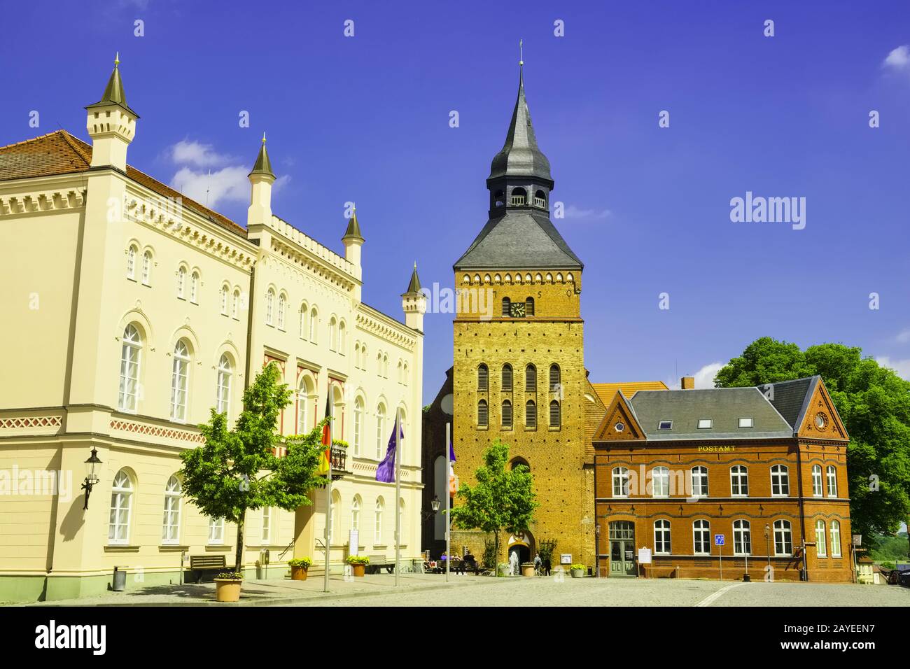 Town Hall and Church Sternberg, Mecklenburg-Western Pomerania, Germany Stock Photo