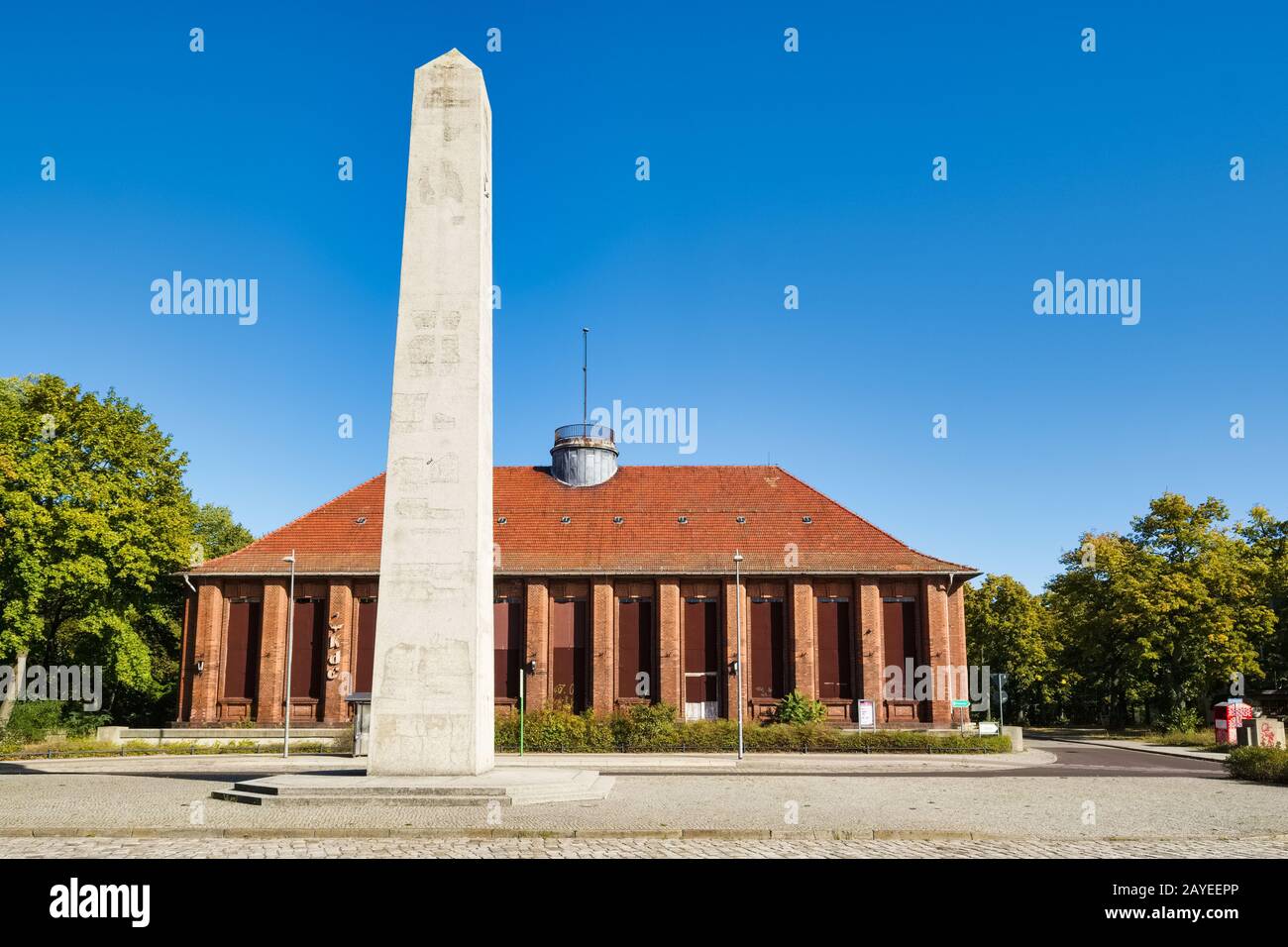 Obelisk in front of Klubhaus der Eisenbahner, Kirchmoeser, Brandenburg, Germany Stock Photo
