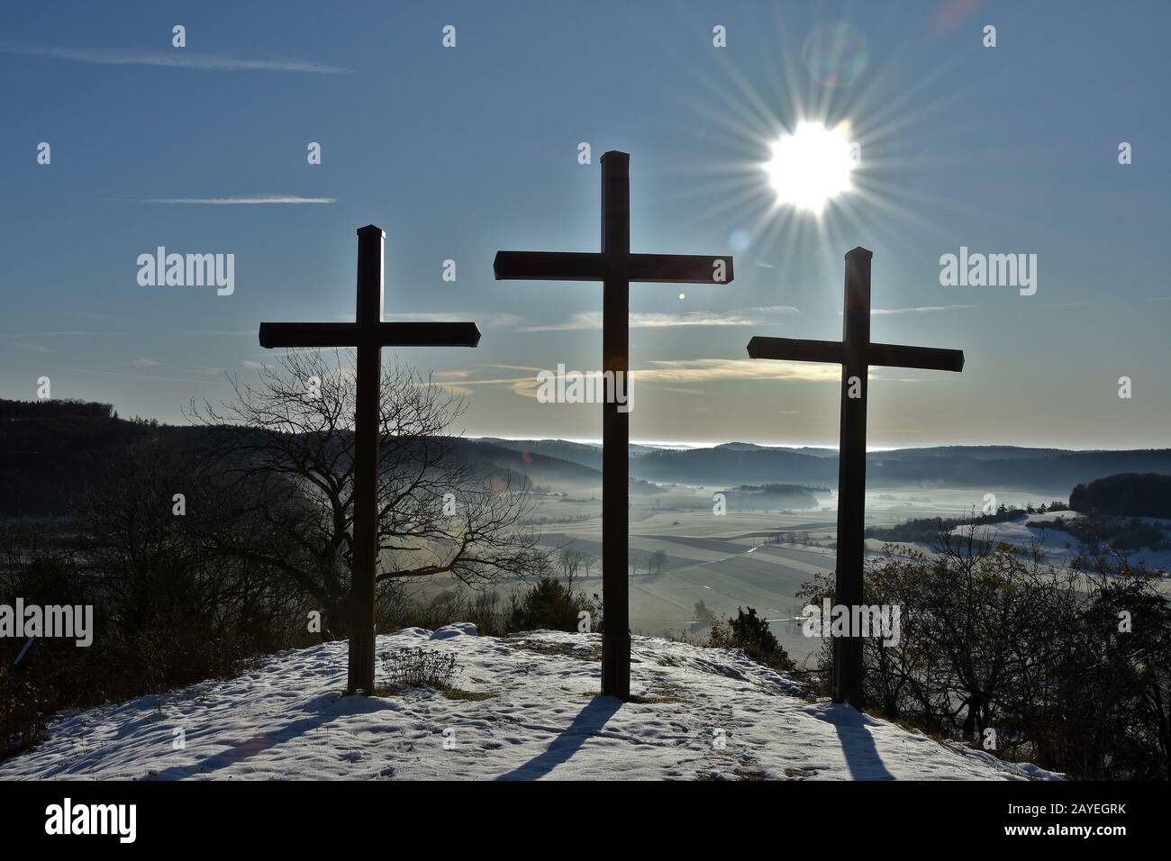 Three Crosses on the Kornbühl, Swabian Alb Stock Photo