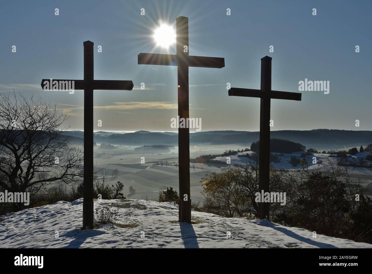 Three Crosses on the Kornbühl, Swabian Alb, Germany Stock Photo