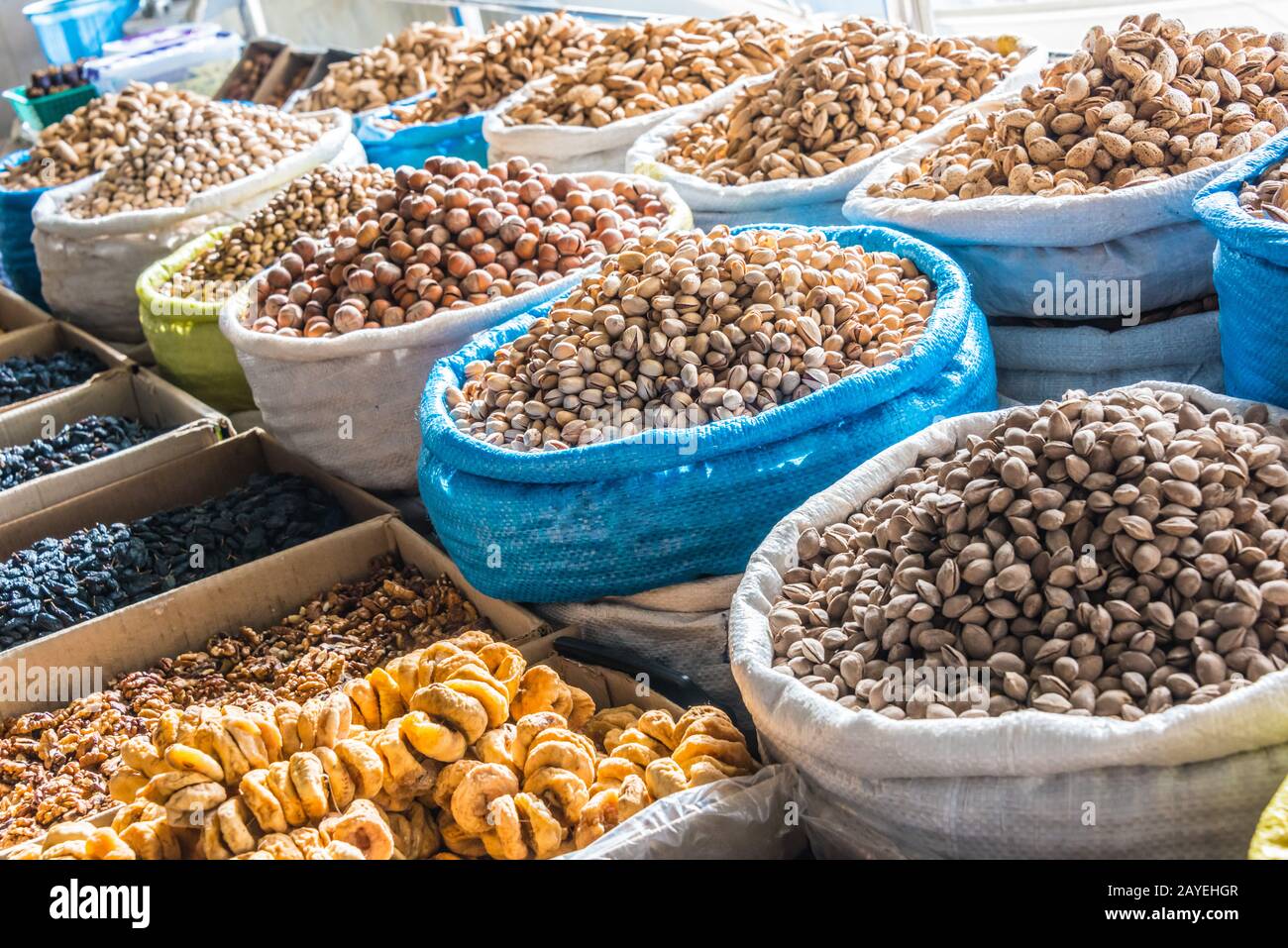 Dried food products sold at the Chorsu Bazaar in Tashkent Stock Photo