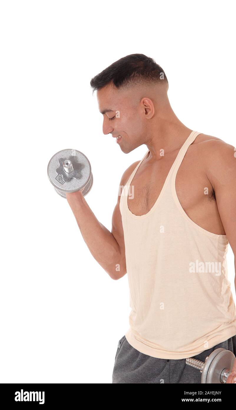 Close up image of a man with two dumbbells Stock Photo