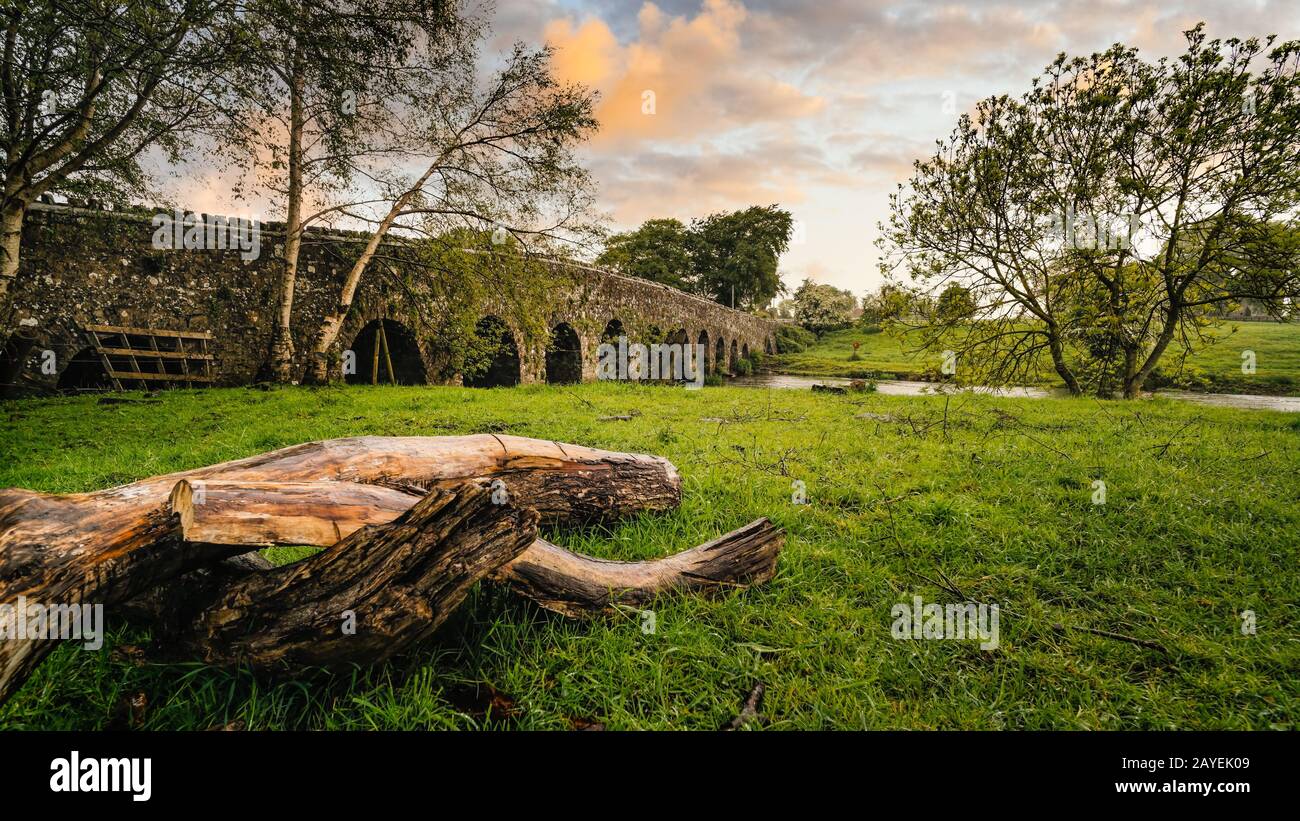 Old 12th century stone arch bridge over a river. Count Meath, Ireland Stock Photo