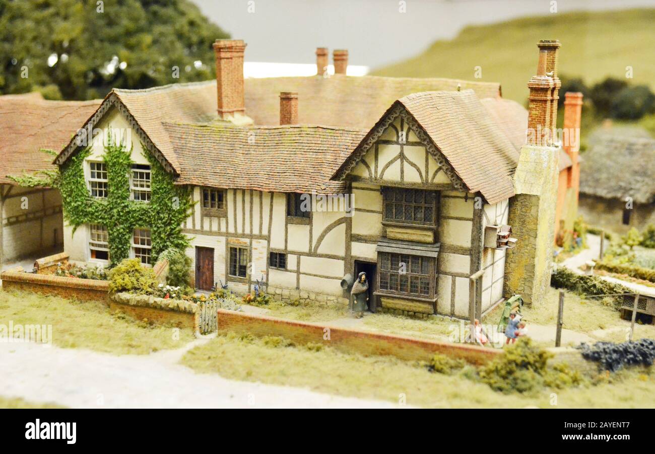 Model of a 1930s English cottage at Pendon Museum, Long Wittenham near Didcot, Oxfordshire, England, UK. The whole display is called the Vale Scene. Stock Photo