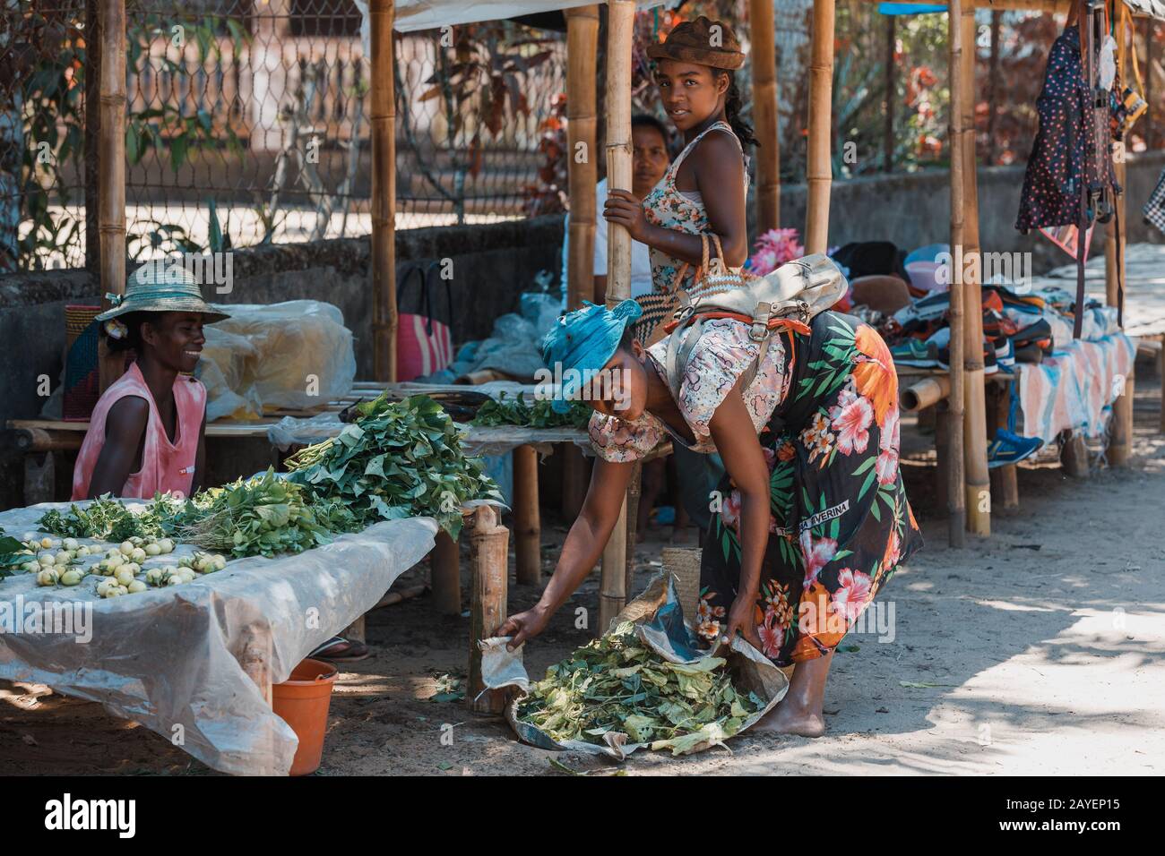 Malagasy marketplace on main street of Maroantsetra, Madagascar Stock Photo