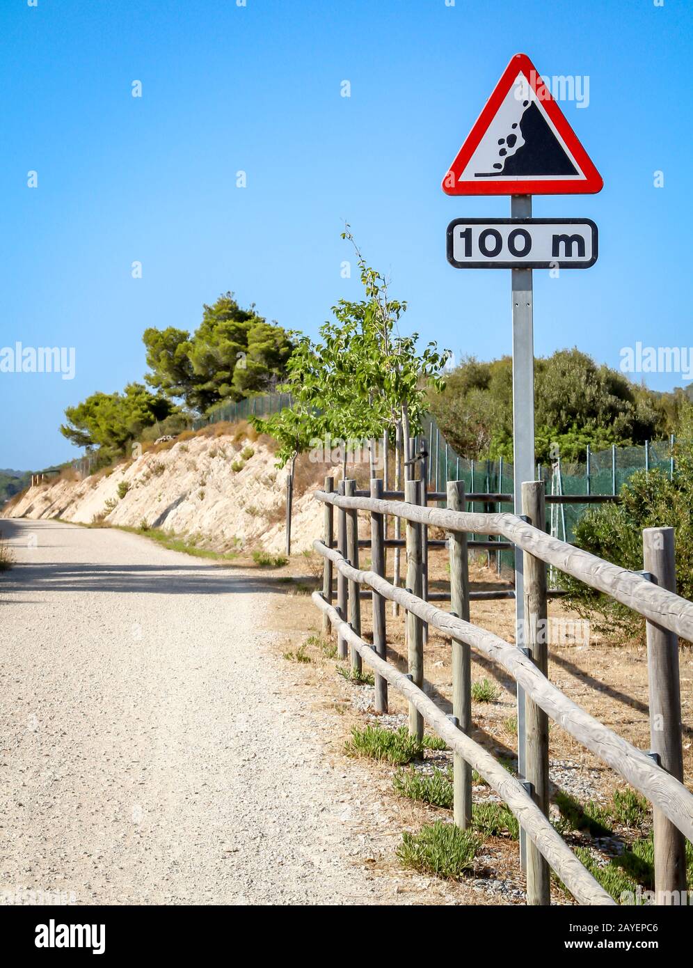 a road sign loose rock, attention scree Stock Photo