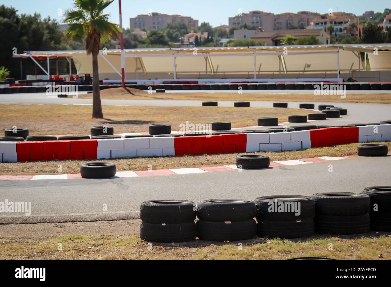 Details of a go kart track, car tires as a protective guard Stock Photo