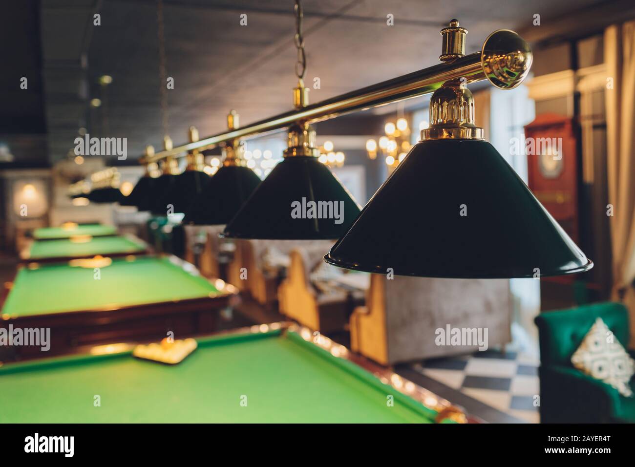 lamp over billiards green table balls and cues Stock Photo Alamy