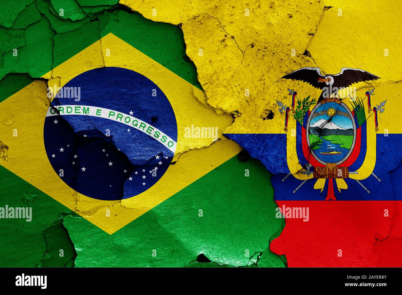 Flags Of Brazil And Ecuador Painted On Cracked Wall Stock Photo Alamy
