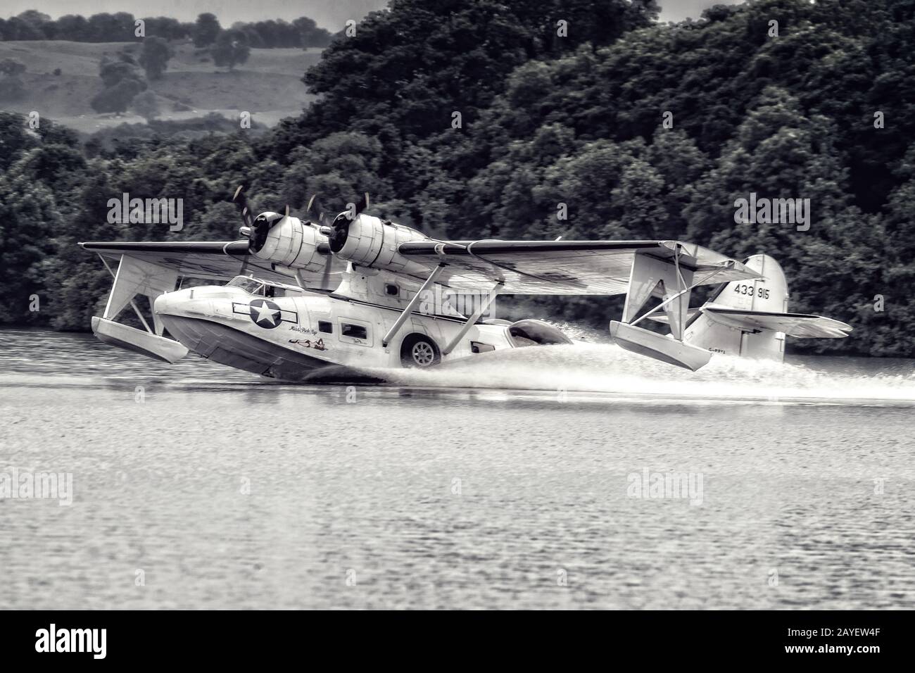 Ex Royal Canadian Air Force PB5Y Catalina 'Miss Pick Up'  lands on Lough Erne, County Fermanagh, Northern Ireland as part of the RAF100 commemoration. Stock Photo