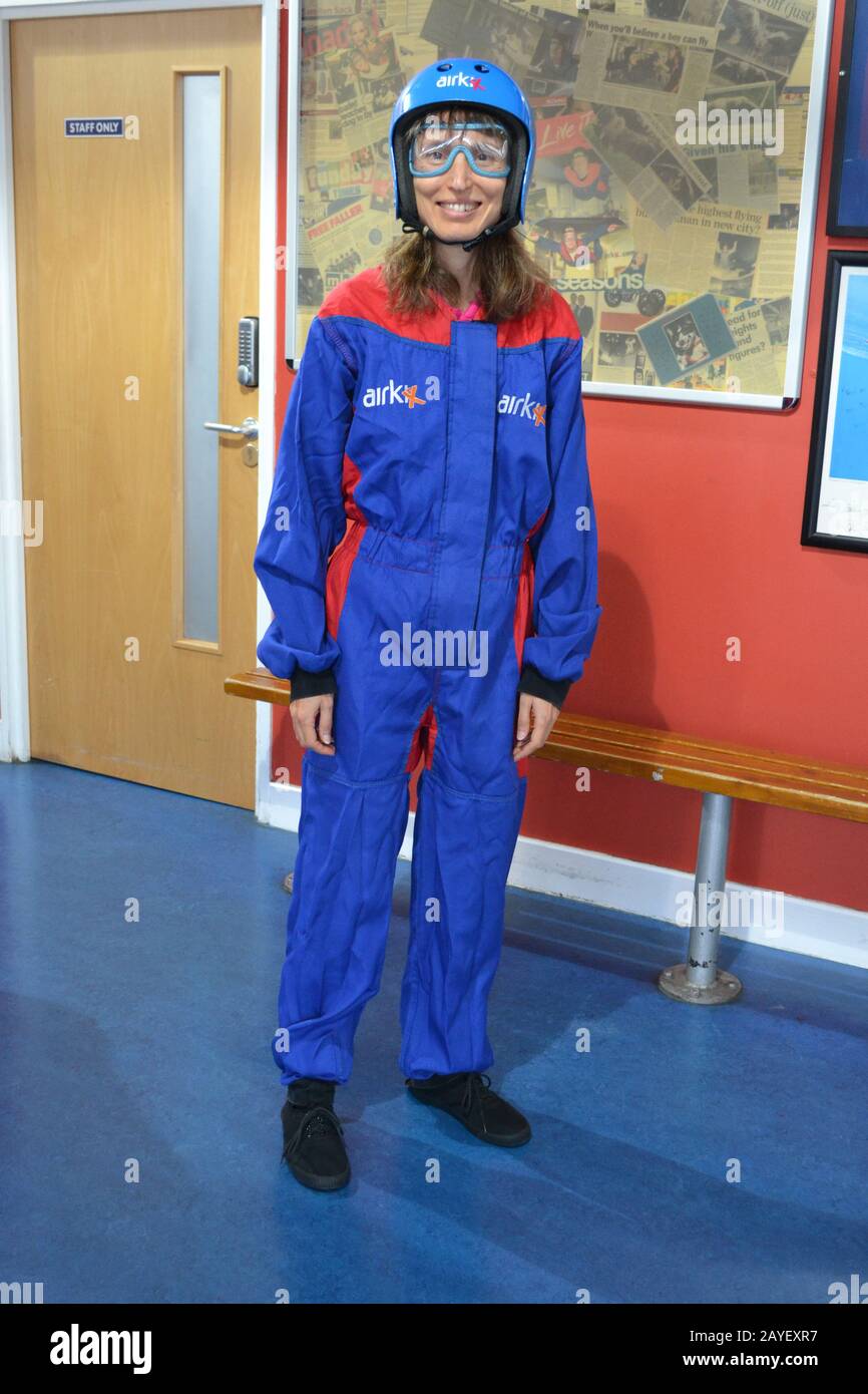 Lady ready for indoor skydiving lesson in Milton Keynes, UK Stock Photo