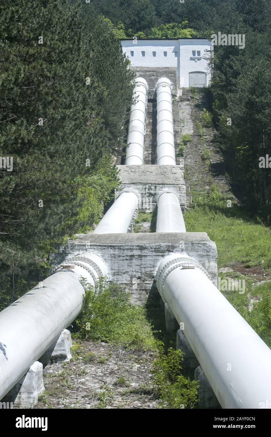 Metal water pipes of hydroelectric power station Stock Photo