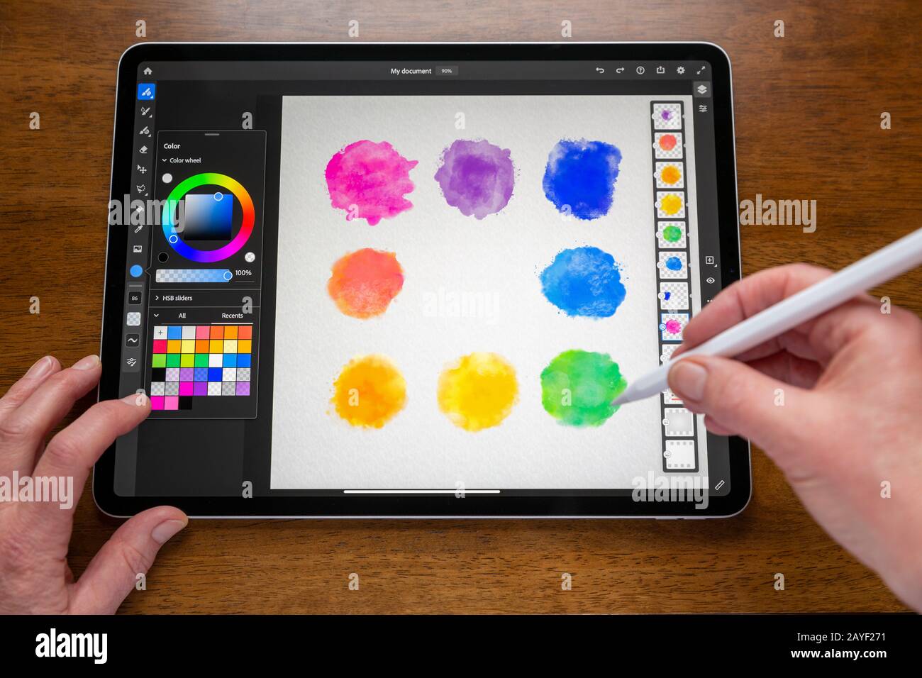 BATH, UK - FEBRUARY 15, 2020: Adobe Fresco application being used to create a digital watercolour painting on an Apple iPad Pro. Stock Photo