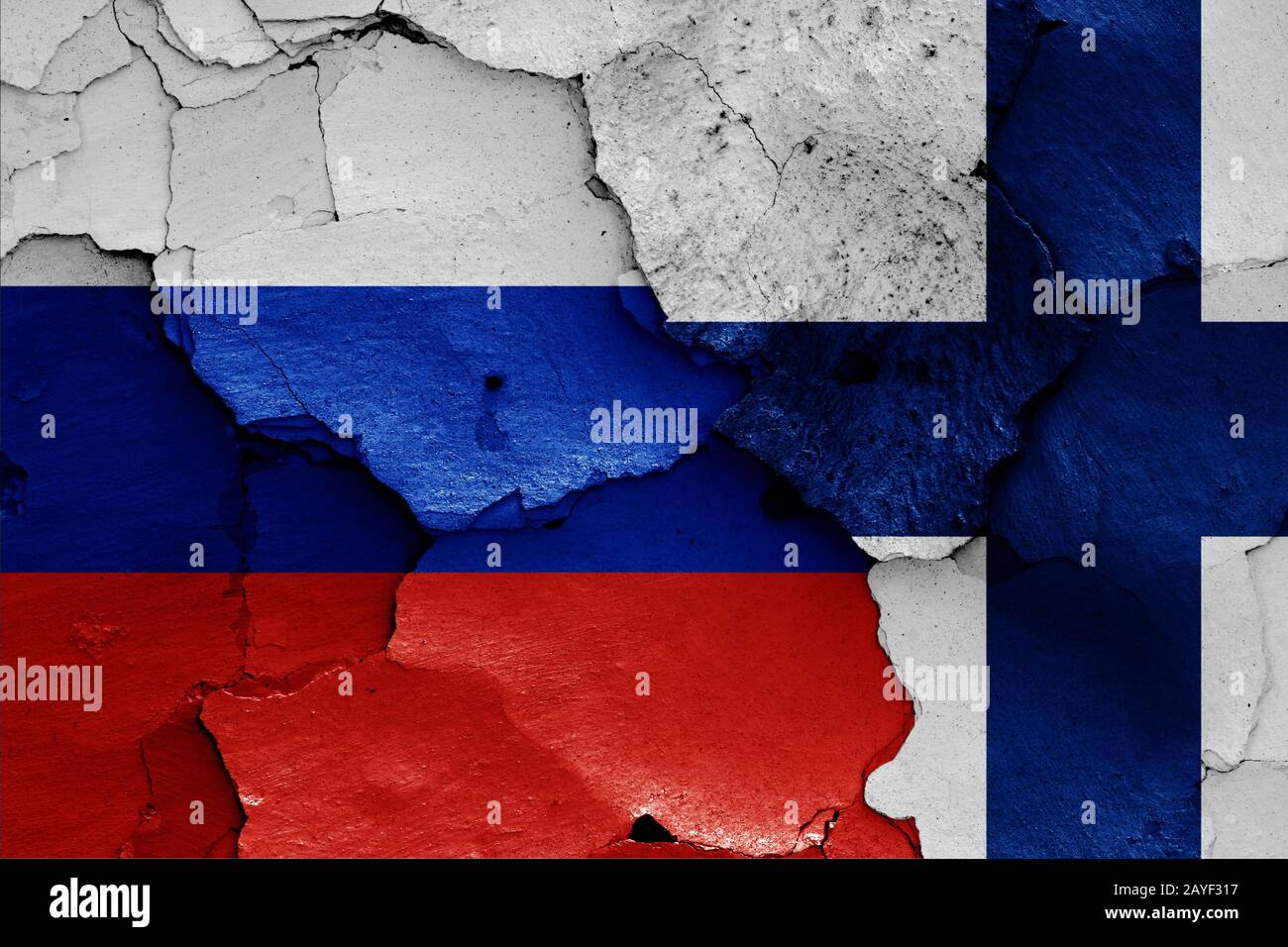 flags of Russia and Finland painted on cracked wall Stock Photo - Alamy