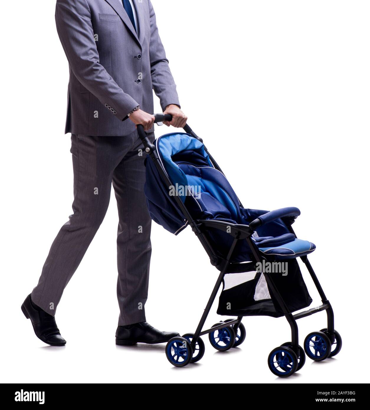 Young dad businessman with baby pram isolated on white Stock Photo - Alamy