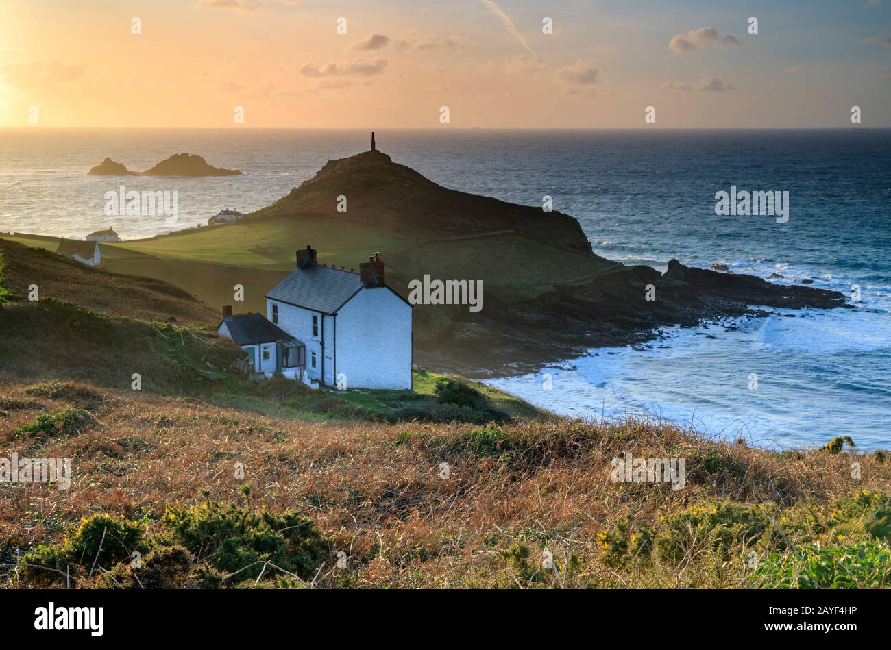 Cape Cornwall and Brison Rocks in Cornwall captured from the South West Coast Path. Stock Photo