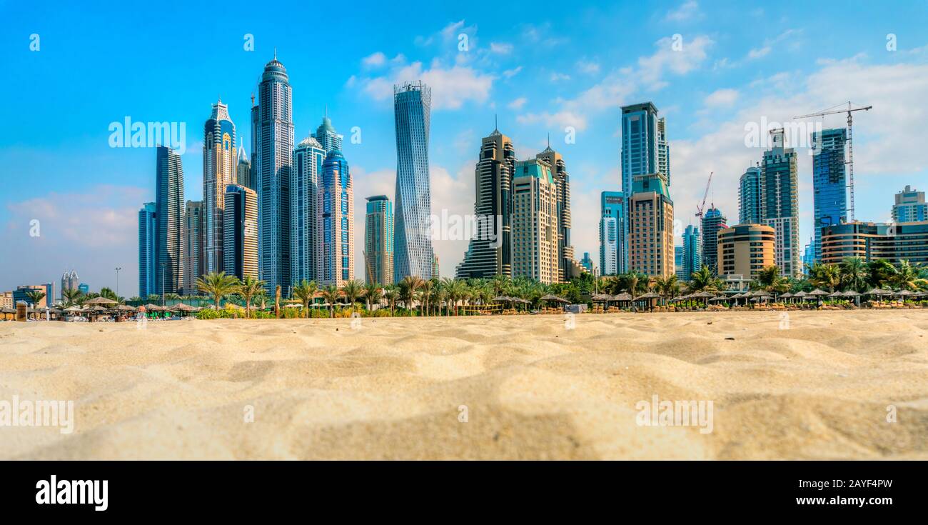 Skyscrapers of Dubai Marina at blue hour, Dubai, UAE Stock Photo