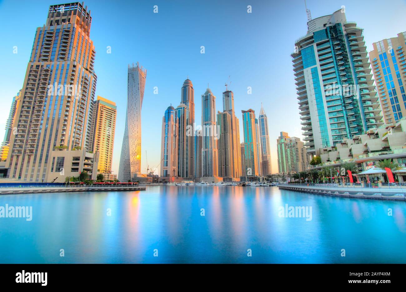 Skyscrapers of Dubai Marina at blue hour, Dubai, UAE Stock Photo