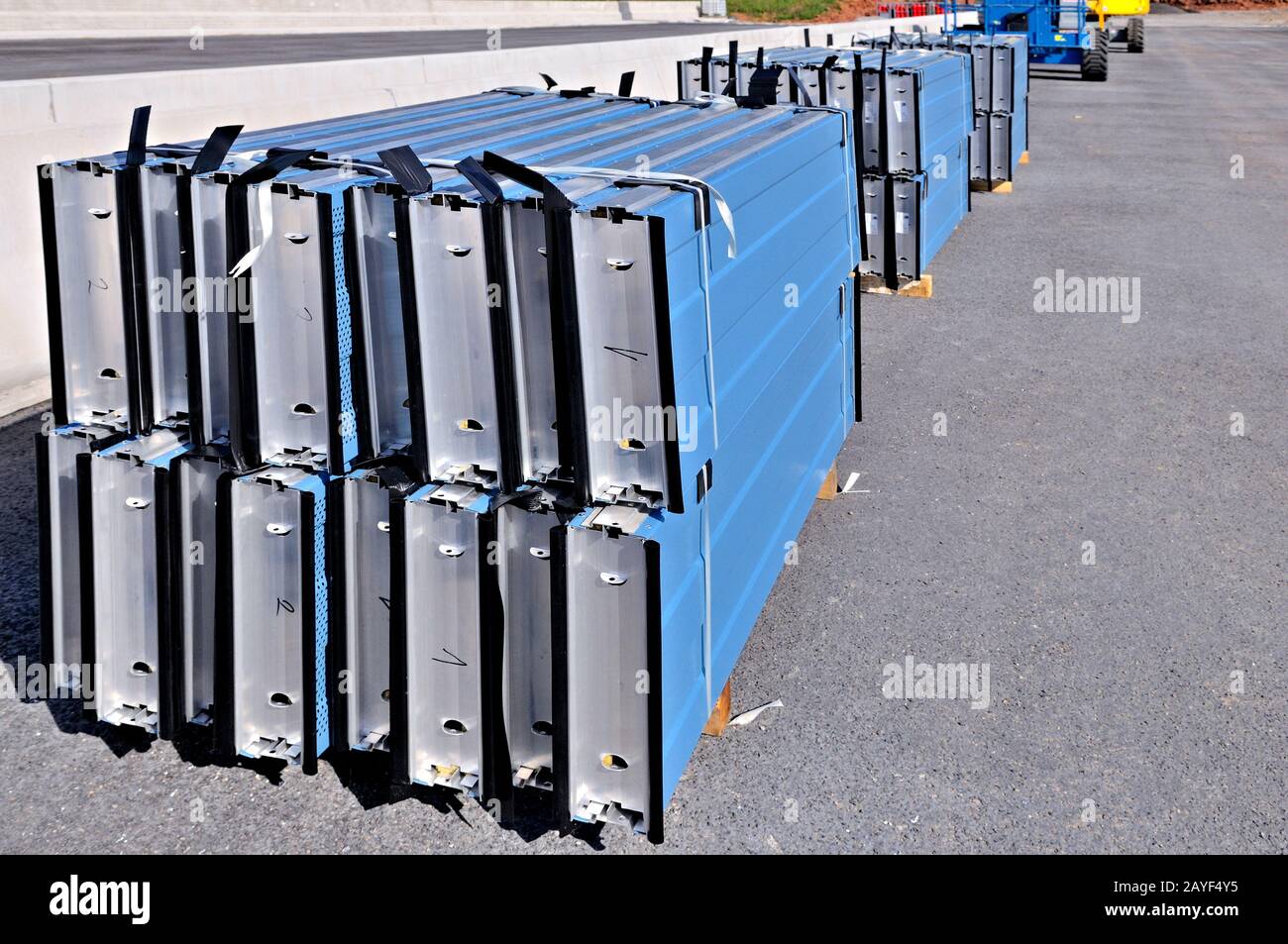stored metal elements noise barrier construction site Stock Photo