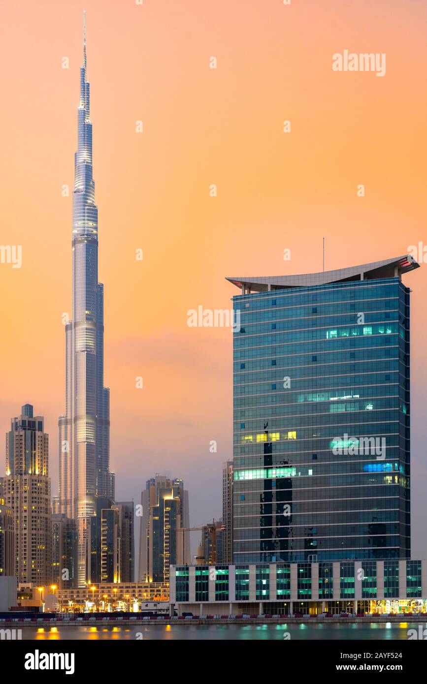 Dubai, UAE - February 10, 2014: The iconics burj khalifa, Dubai, United Arab Emirates. The Burj Khalifa is the tallest building in the world Stock Photo