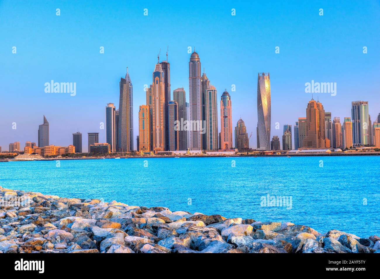 Skyscrapers of Dubai Marina at blue hour, Dubai, UAE Stock Photo