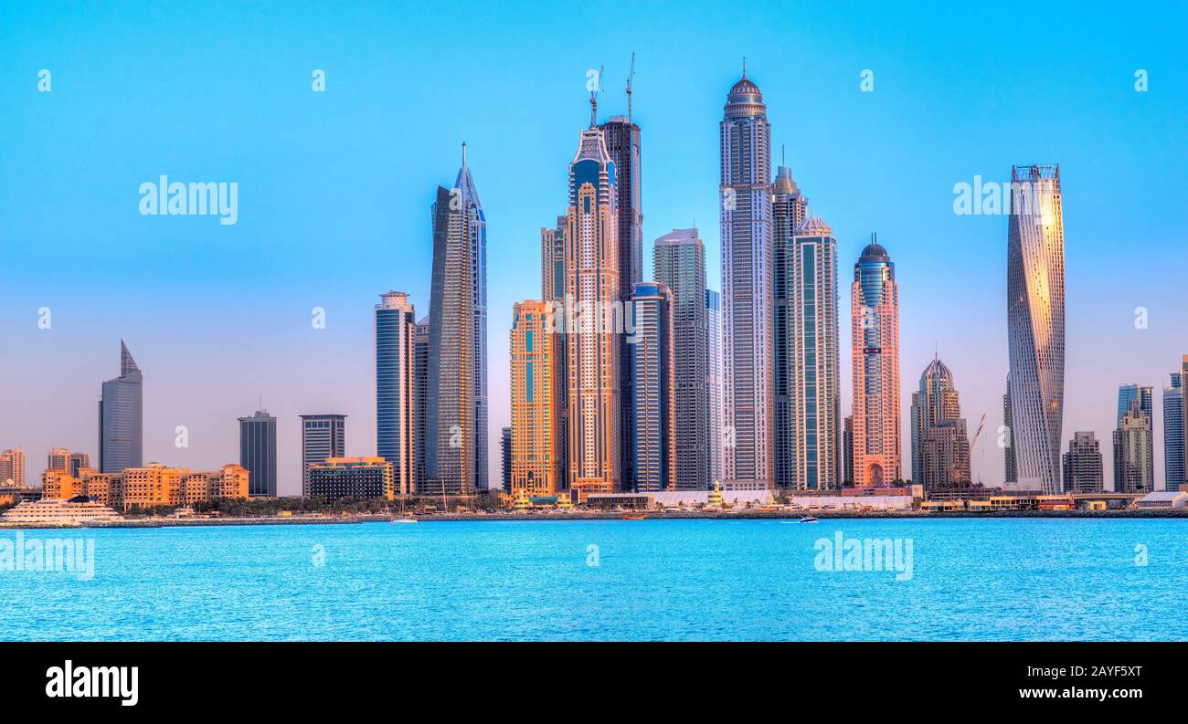 Skyscrapers of Dubai Marina at blue hour, Dubai, UAE Stock Photo