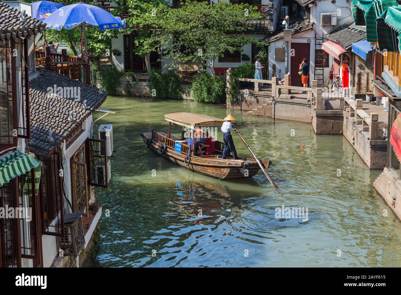 Shanghai, China - May 23, 2018: Boat cruise on the canal in Zhujiajiao water town Stock Photo