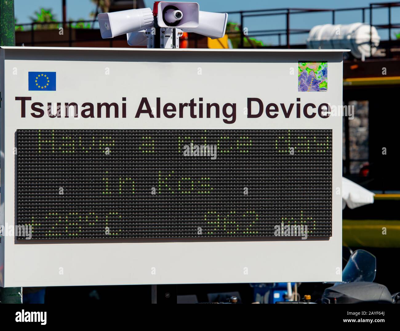 Tsunami alarm sign scoreboard for seaquakes warning in Kos town on the island of Kos Greece Stock Photo