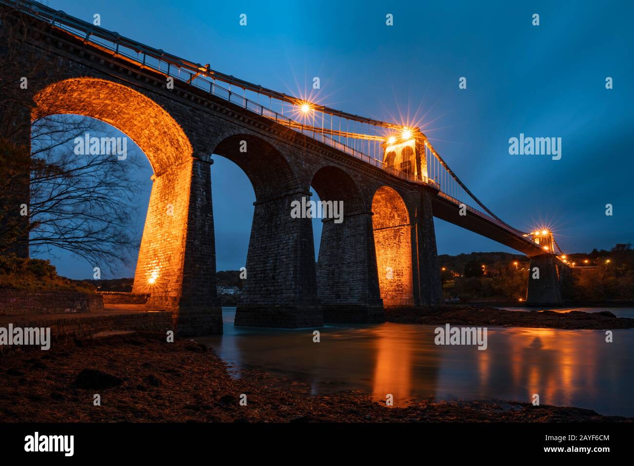Menai Suspension Bridge captured during twilight Stock Photo