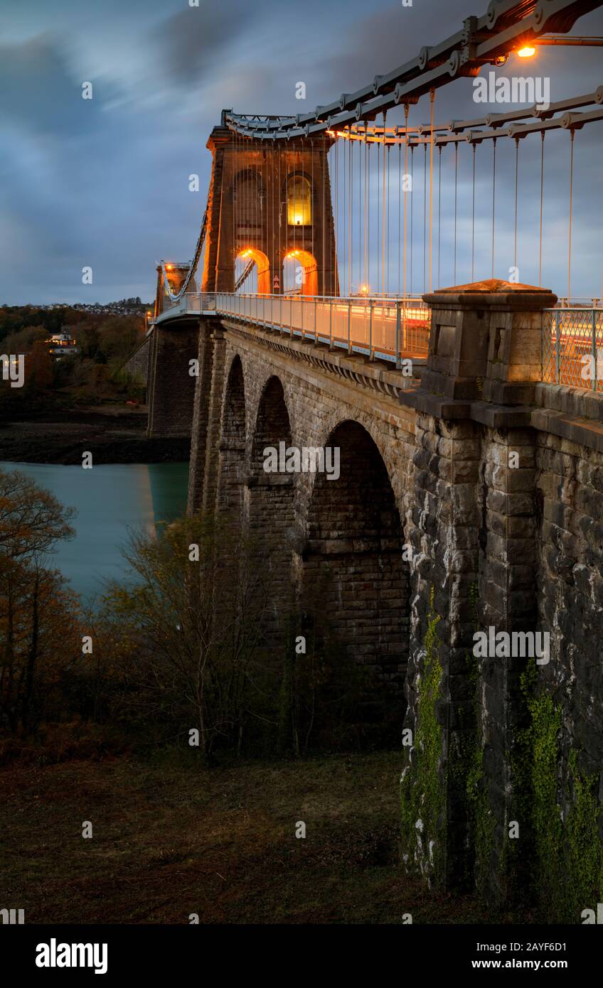 Menai Suspension Bridge captured during twilight Stock Photo Alamy