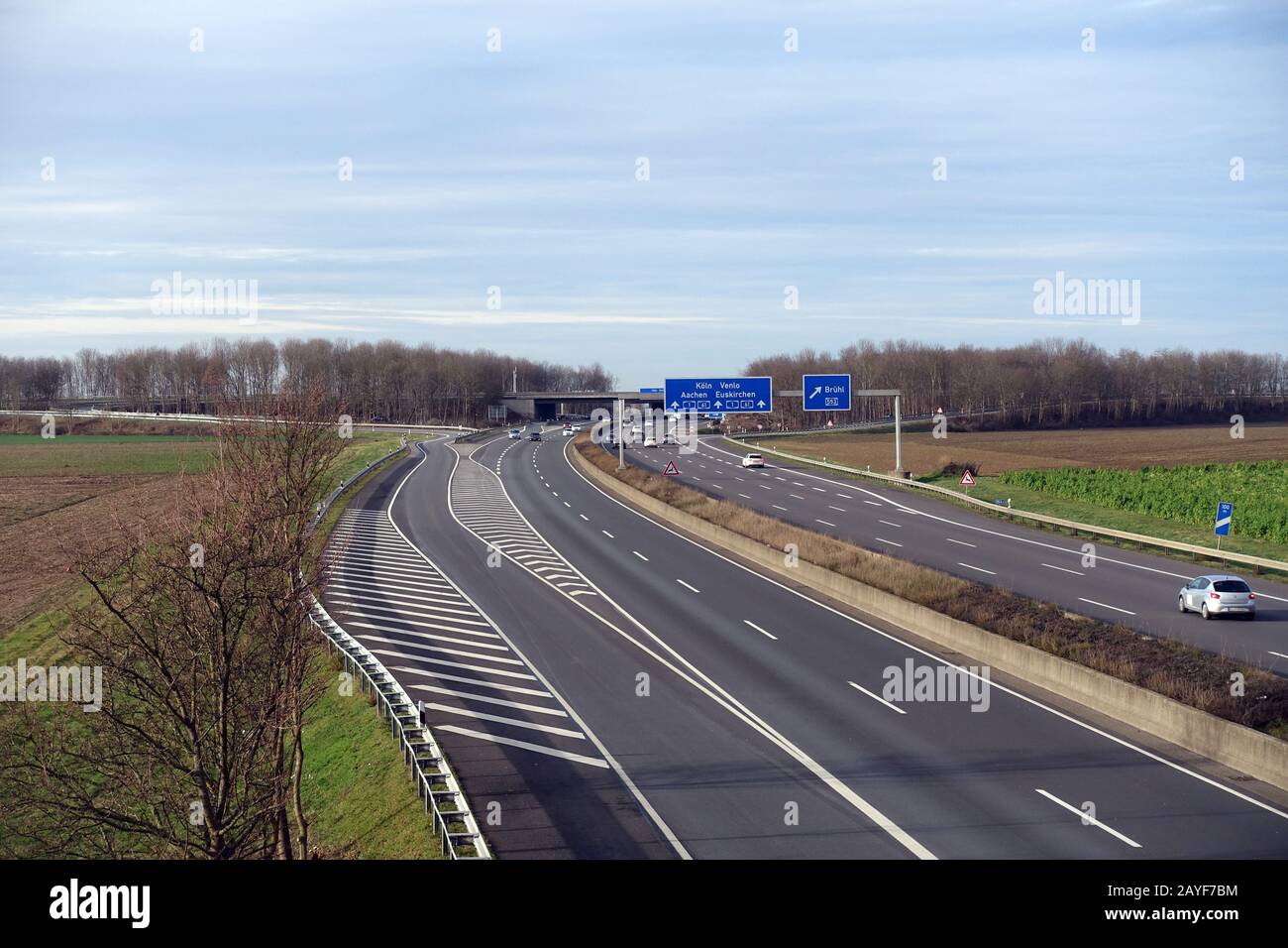 Little traffic on a Sunday on the A61 motorway at the Bliesheim interchange Stock Photo