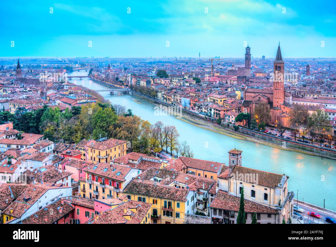 Verona, Italy. Scenery with Adige River and city skyline Stock Photo ...