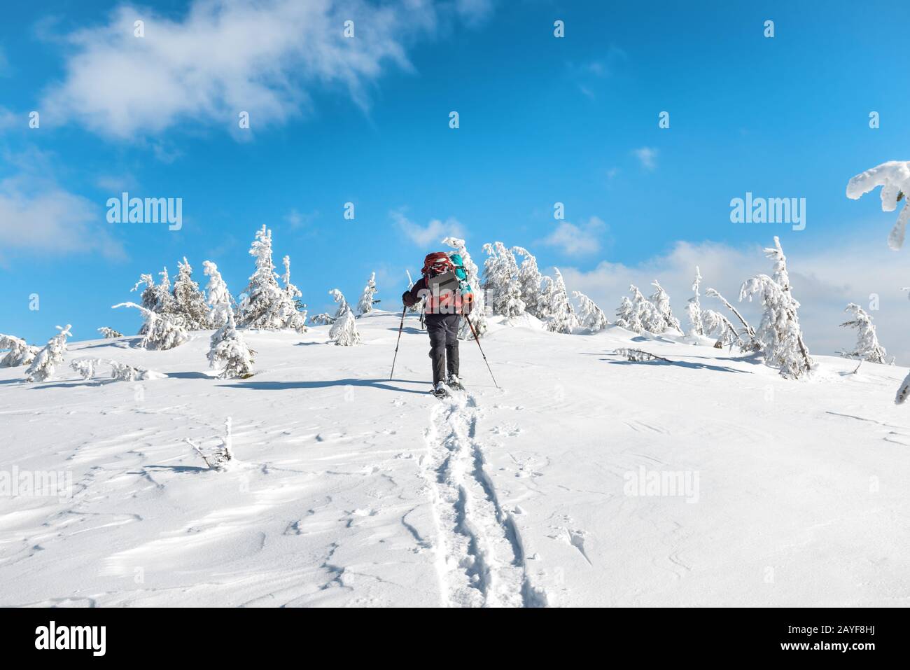 Man hiking on snow in mountains Stock Photo