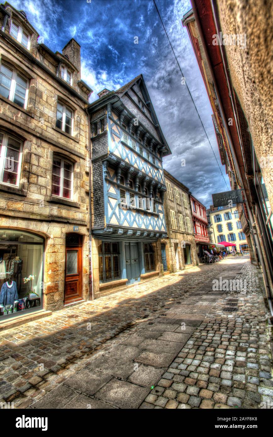 City of Quimper, France. Artistic view of the historic timber framed architecture on Qumiper’s Rue du Salle. Stock Photo