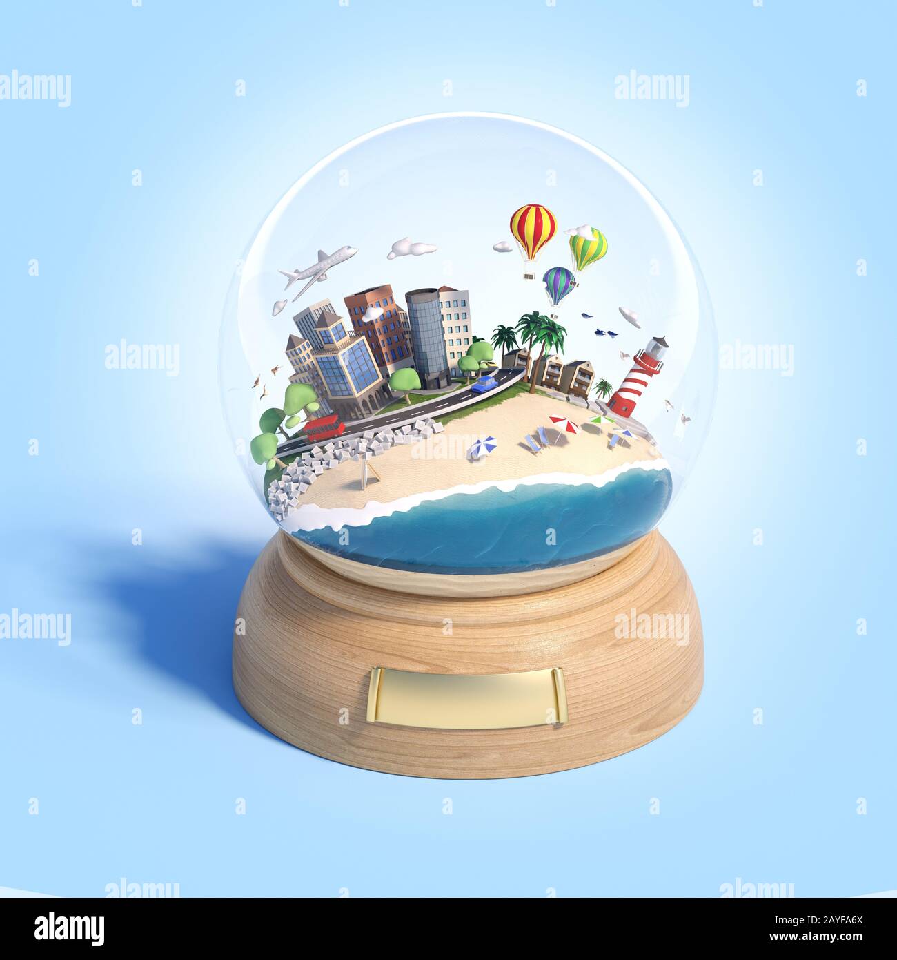 miniature beach and city with buildings, road, lighthouse, plane, air ballons and more details inside a snow globe, as souvenir concept for travel vac Stock Photo