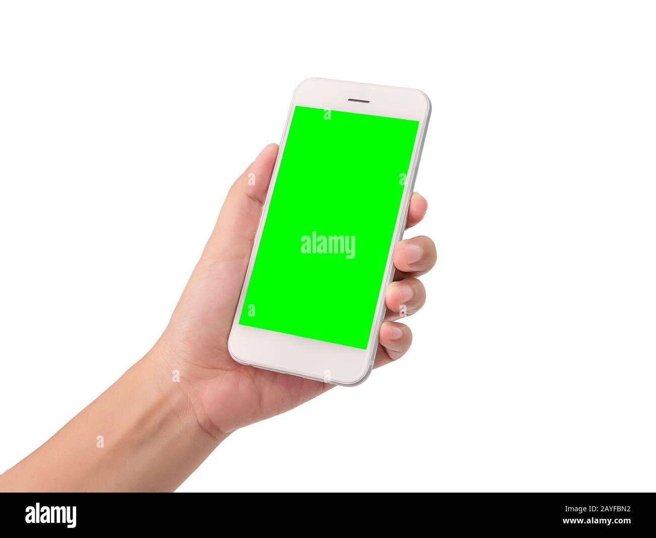 woman hand holding a modern mobile smart phone with blank green screen isolated on white background with clipping path. blank green screen to put your Stock Photo