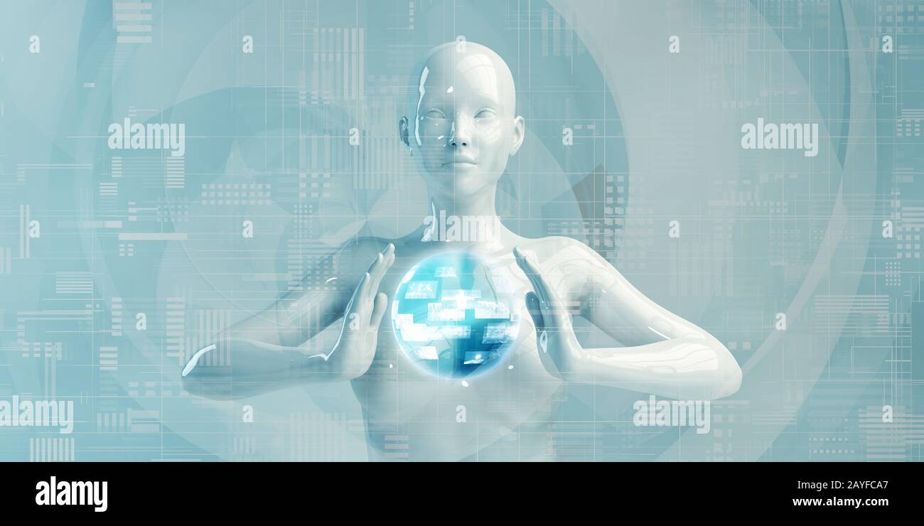Female Robot Using Digital Solutions Technology Concept Art Stock Photo